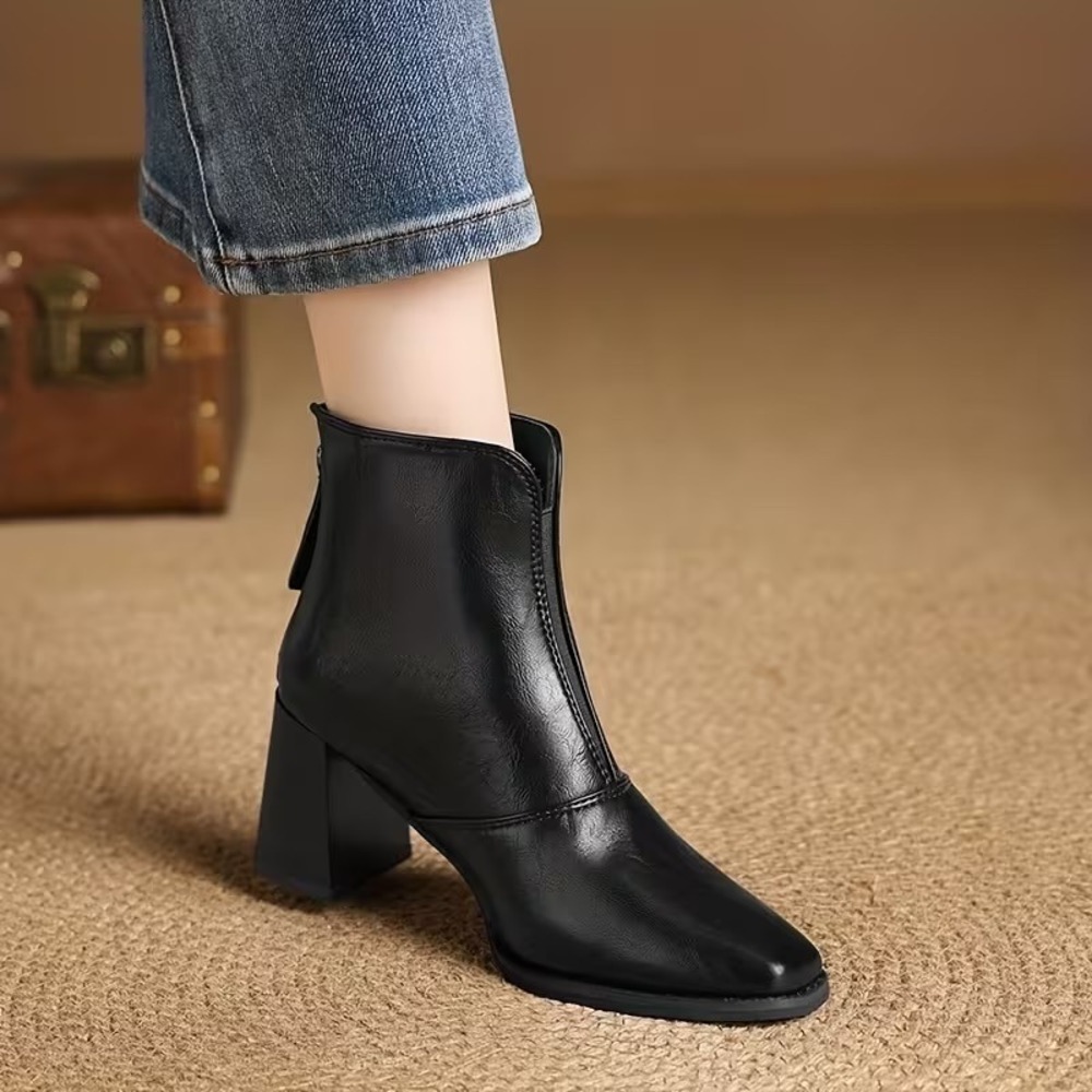 Womens Black Square Toe Block Heel Ankle Boots Back Zip Booties
